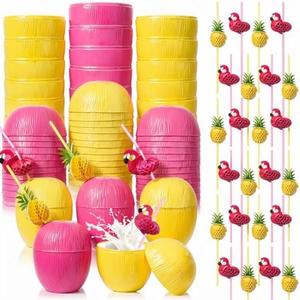 CHENGU 48 Pcs Coconut Cups Set Include 24 Pink and Yellow Coconut Cups 12 Pineapple Straws 12 Flamingo Straws Hawaiian Luau Tiki and Summer Beach Party Decorations for Adults Party Favor