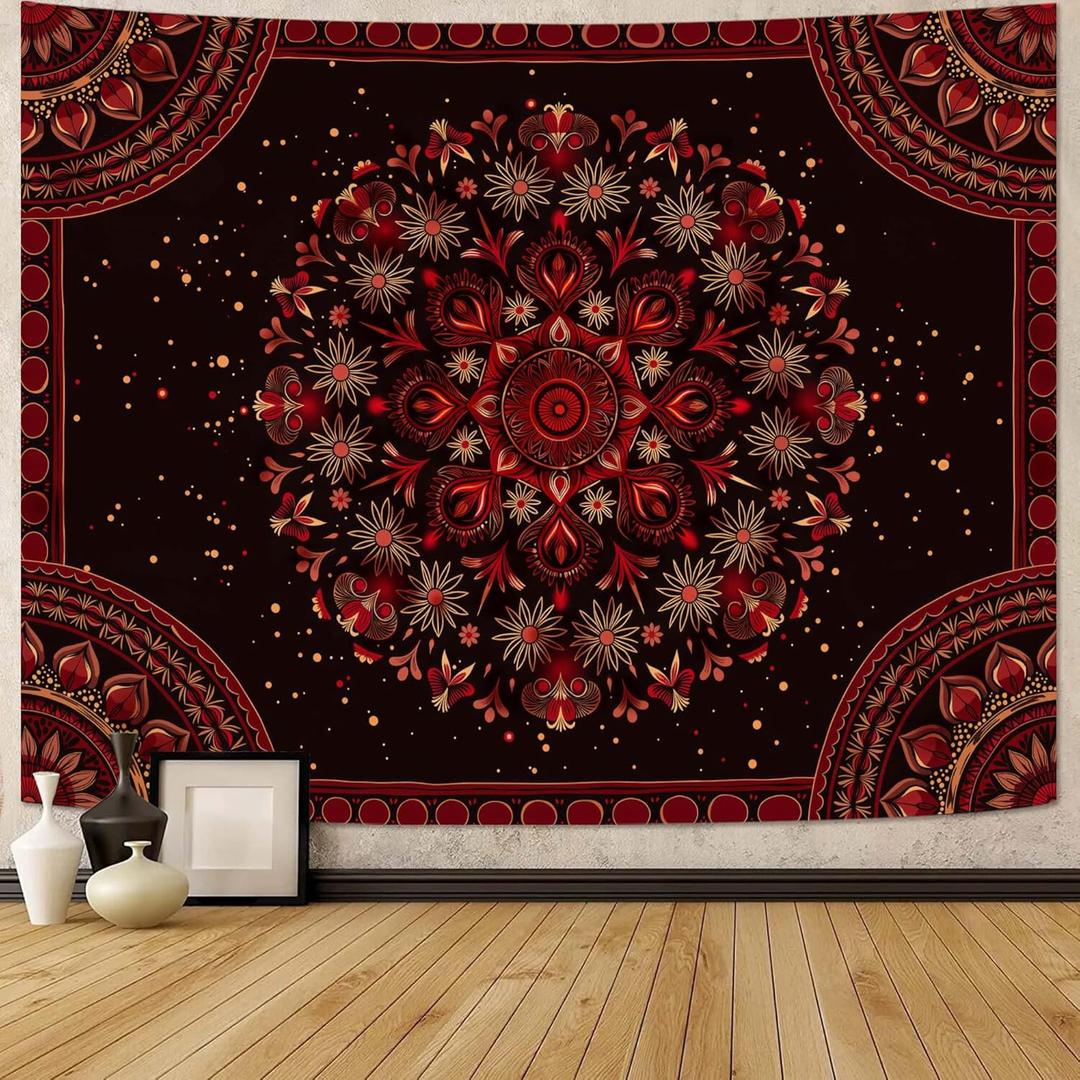 Accnicc Boho Mandala Tapestry Wall Hanging Hippie Bohemian Floral Flower Medallion Tapestry Aesthetic Small Vintage Black Red Indian Tapestries for Bedroom Living Room Dorm Decor, 48 x 36 Inch
