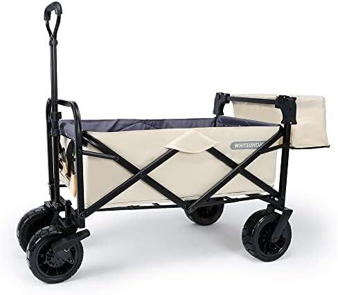 WHITSUNDAY Collapsible Folding Garden Outdoor Park Utility Wagon Picnic Camping Cart with Bearing and Brake 8" All Terrain Wheels with Rear Storage (Beige)