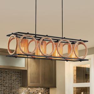Rustic Rattan Farmhouse Chandelier,Black Dining Room Pendant Light, Adjustable Height Rectangular Ceiling Light Fixture, Handwoven Natural Island Light for Kitchen, Dining Table, Living Room