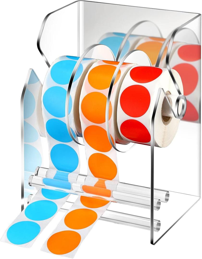 Geosar 3 Pcs Adjustable Label Dispenser 3 Disks Sticker Roll Holder Sticker Dispenser Clear Label Roll Holder Acrylic Tape Organizer Stand for Office Home Desktop