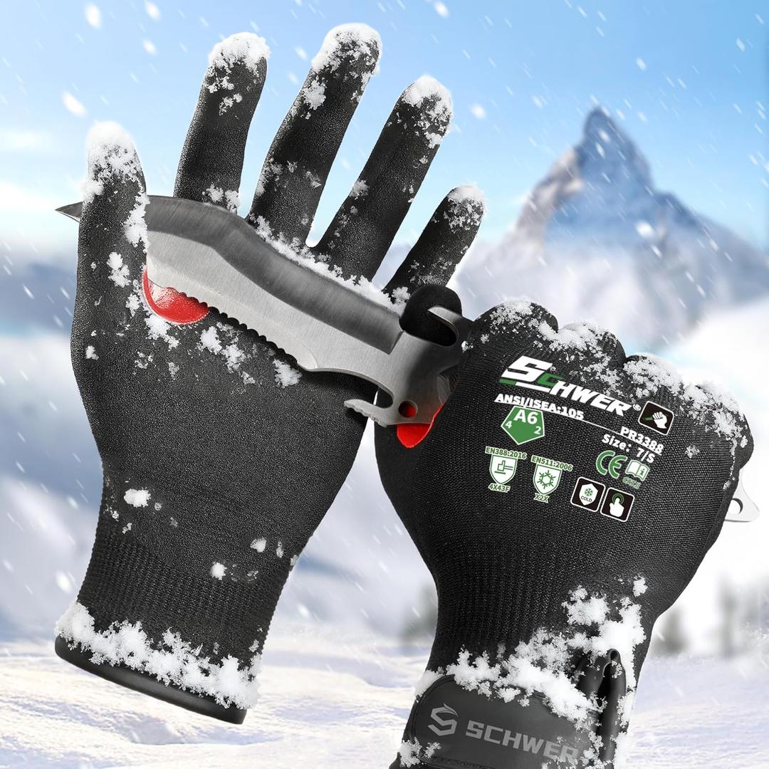 FreezeGuard Winter Work Gloves for Men and Women, ANSI A6 Cut Resistant Gloves With Super Grip, Freezer Glove for Work Below Zero, Touchscreen, Thermal Insulated, PR3388, Black Knight (S, 1 Pair)