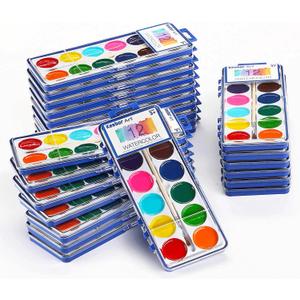 Watercolor Paint Set for Kids, 12 Colors, 24 Pack Washable Water Colors for Party Favors, Gifts, Classroom Supplies (Wood Brushes Included)