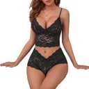 Lilosy Sexy Sheer Floral Lace Pajamas Lingerie Set High Waist Sleepwear Bra and Panty 2 Piece Nightwear (Black, M)