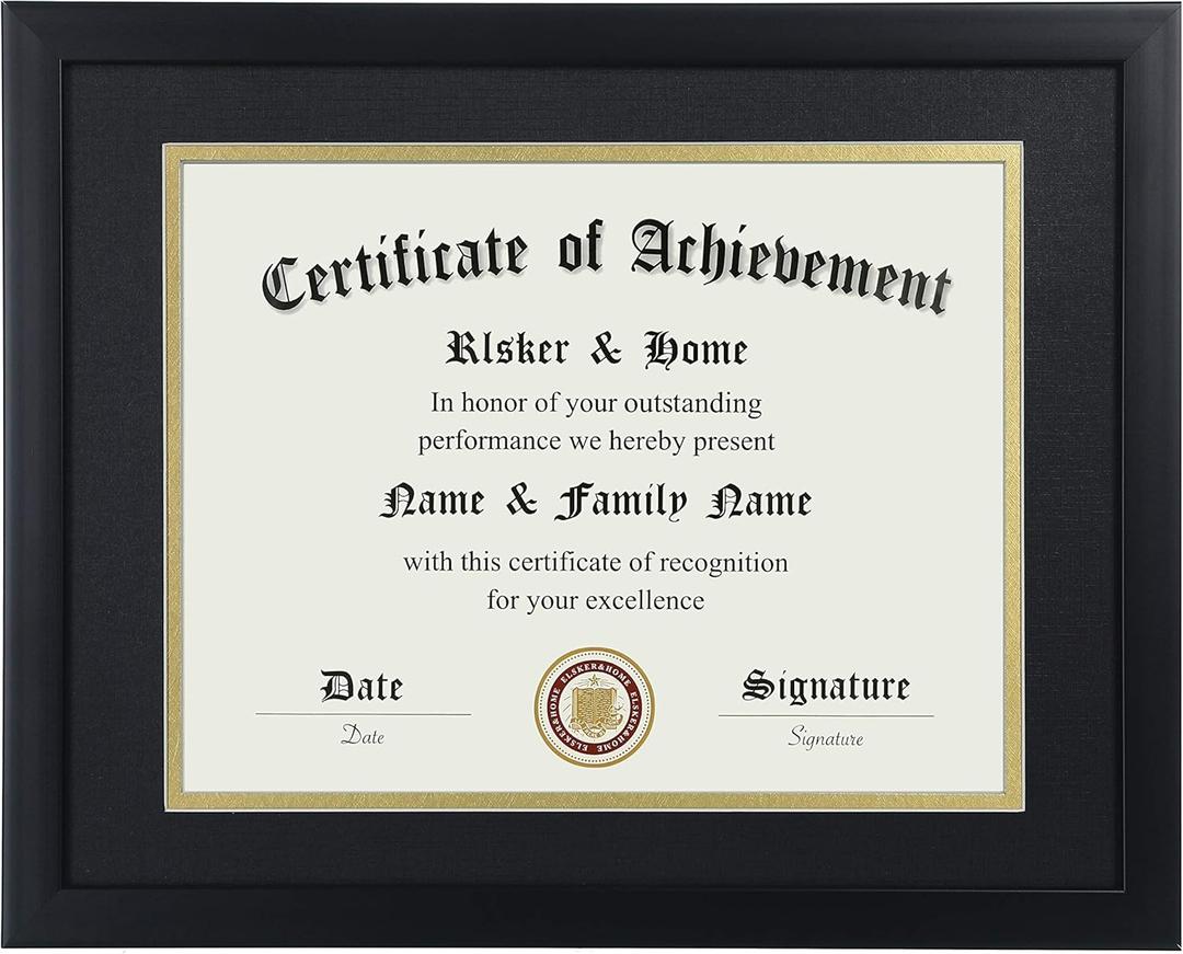 ELSKER&HOME 8.5x11 Certificate Frame - Classic Black Color Frame - Displays Diploma 8.5x11 Inch with Mat - 11x14 Inch Without Mat - For Document/Photo(Double Mat - Matte Black with Gold Rim)