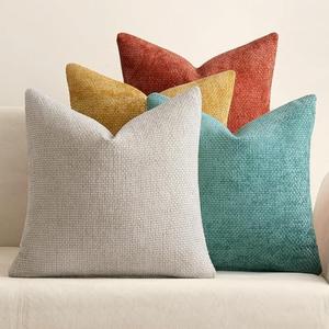 MIULEE Pack of 4 Couch Throw Pillow Covers 18x18 Inch Neutral Orange/Teal Soft Decorative Chenille Pillow Covers Farmhouse Accent Cushion Covers for Boho Home Decor Spring Sofa Bedroom Living Room