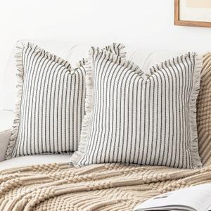 Throw Pillow Covers 18x18 Set of 2 Striped Fringe Pillow Cover Farmhouse Cushion Covers with Tassel Neutral Boho Pillows Decorative Square Pillowcase for Couch Sofa Bed, Black