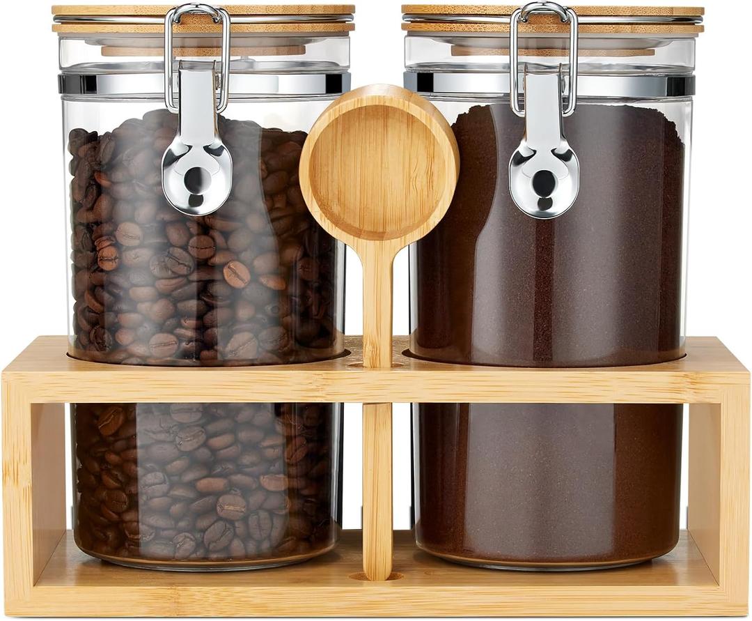 Yangbaga 2Pcs Coffee Sugar Canisters with Shelf, 38OZ Plastics Storage Containers for Ground Coffee Bean Storage with Lid Airtight Locking Clamp and Coffee Scoop, Food Storage Jar for Kitchen