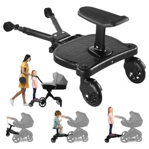 Universal Stroller Board with Detachable Seat, 2-in-1 Stroller Ride-On Board for Toddler, Fits Most Stroller Brands, Sit and Stand Stroller Attachment, Holds Up to 55 lbs for Kids Ages 3-7