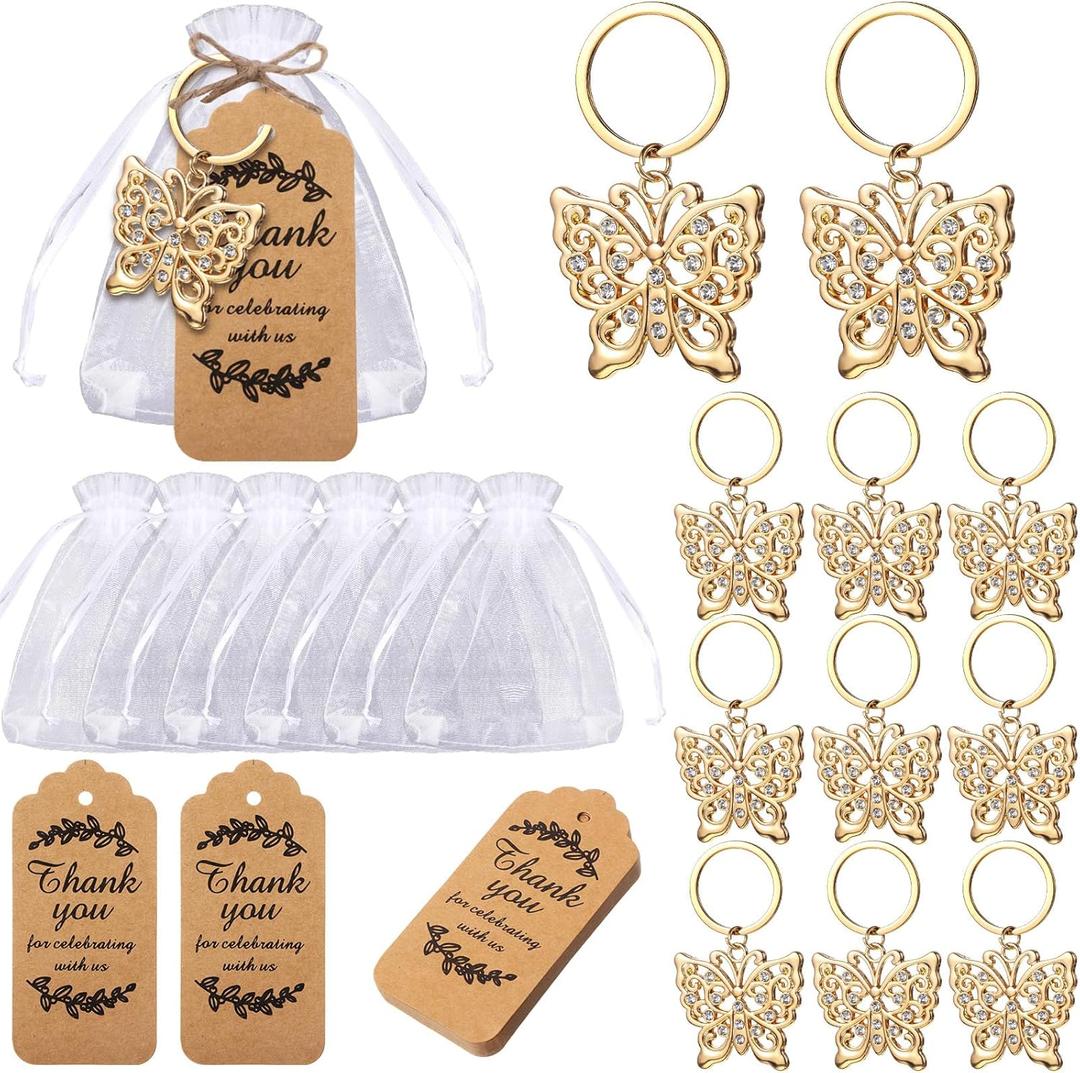 Butterfly Keychain Party Favors Butterfly Keyring for Guest Baptism Party Favor Metal Crystal Animal Keychain Souvenirs Thank You Tags for Baby Shower Wedding Birthday Gift(Gold,20 Set)