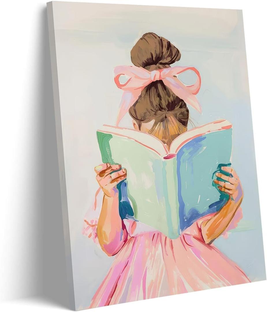 Brown Hair Girl Reading Book Canvas Wall Art Children Reading Wall Decor Picture Pastel Little Girl Poster Print Pink Bow Aesthetic Artwork for Gallery Library Reading Nook Decoration,16x24in