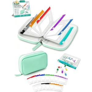Waterproof Pill Organizer Set, Pill Pouch Organizer Binder, Waterproof Pill Pouch Set, Travel Medicine Organizers with 14 Color-Coded Pouches, Leakproof Reusable Zippered Storage Case(Green)