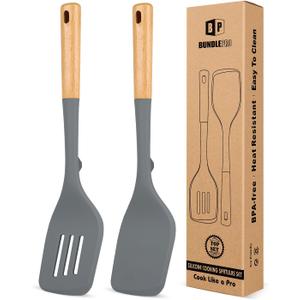 Pack of 2 Large Silicone Spatula, Heat Resistant Solid Turner, Non Stick Slotted Spatulas with Wooden Handle, Ideal Kitchen Utensils for Flipping, Pancakes, Eggs, Fish(GRAY)