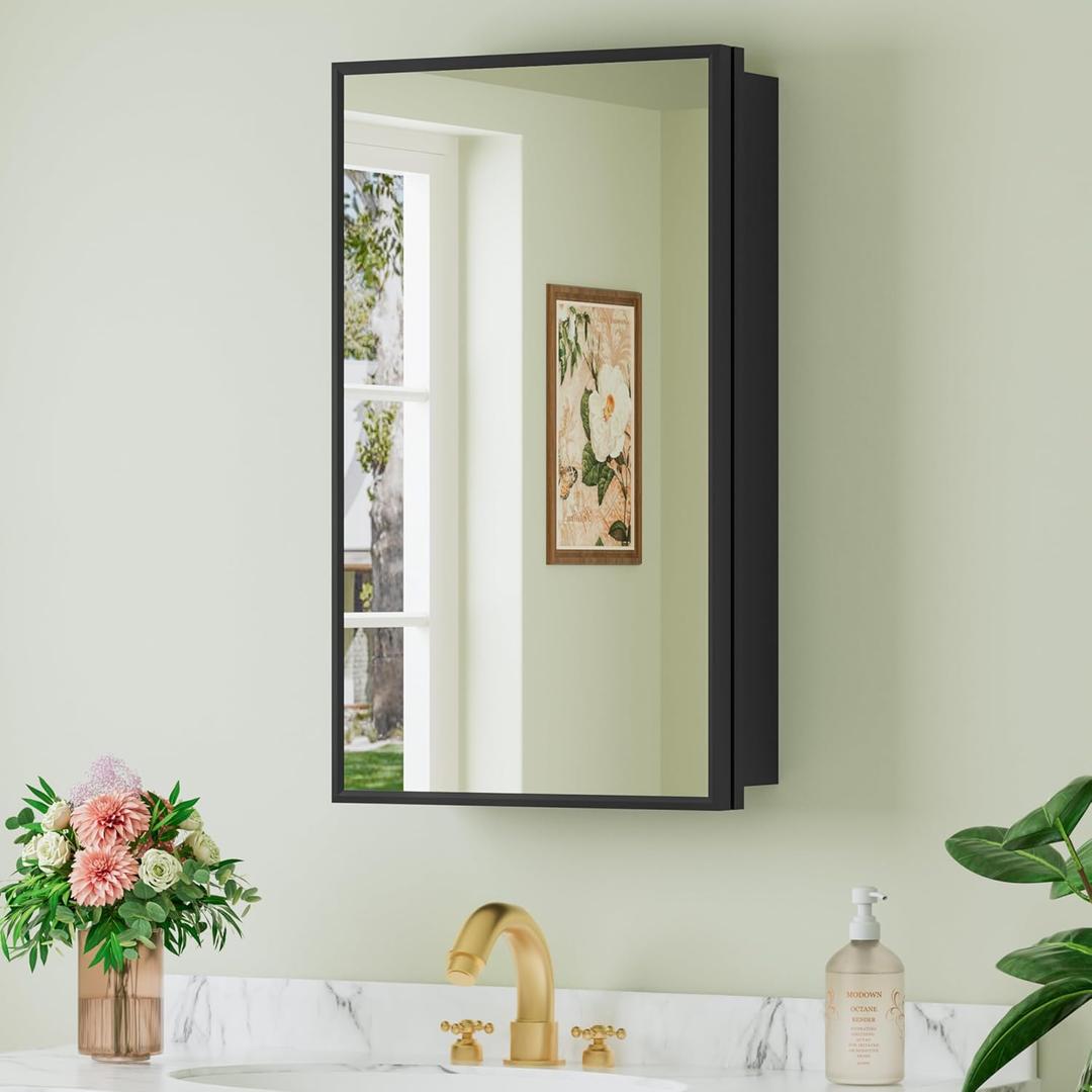 Buruis Framed Medicine Cabinet with Mirror, Recessed 13.35" x 22.83" or Wall Mounted 14"x 24" Bathroom Cabinet, Adjustable Tempered Glass Shelves, No Assembly Required, Black