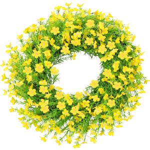 24 Inch Yellow Artificial Forsythia Silk Front Door Wreath | Bright yellow silk flower summer wreath, decor for wall, farmhouse indoor & outdoor home decoration