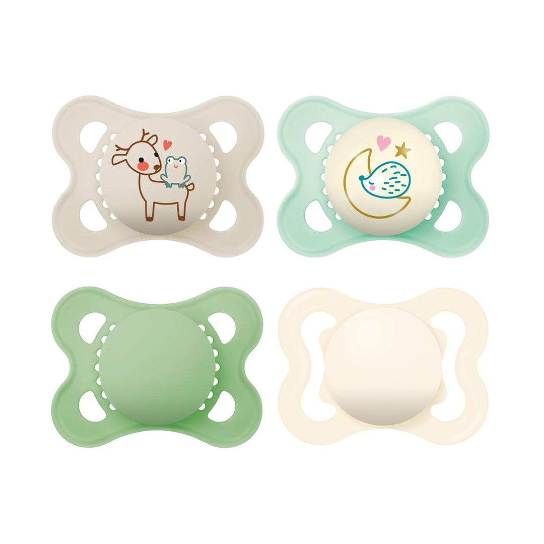 MAM Variety Pack Baby Pacifier, Includes 3 Types of Pacifiers, Nipple Shape is Developed with Dentists, 0-6 Months, Unisex, 4 Count (Pack of 1) (Cotton / Linen / Green)