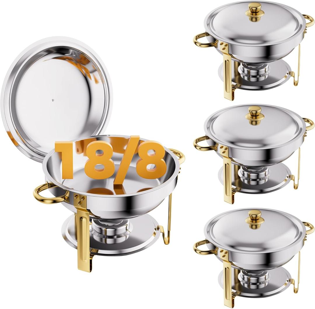 Gold 4 Pack Chafing Dishes for Buffet, 18/8 (304) Stainless Steel Food Pan with Lid, 6QT Round Chafing Dish Buffet Set Food Warmer, Food Warmers for Parties Buffet Catering Events Dinners