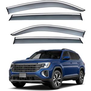 Vesul Tape on Polycarbonate Rain Guards Window Visors Compatible with VW Volkswagen Atlas Cross Sport 2020 2021 2023 2024 2025 Window Wind Deflector Shield Cover with 304 Stainless Steel Trim