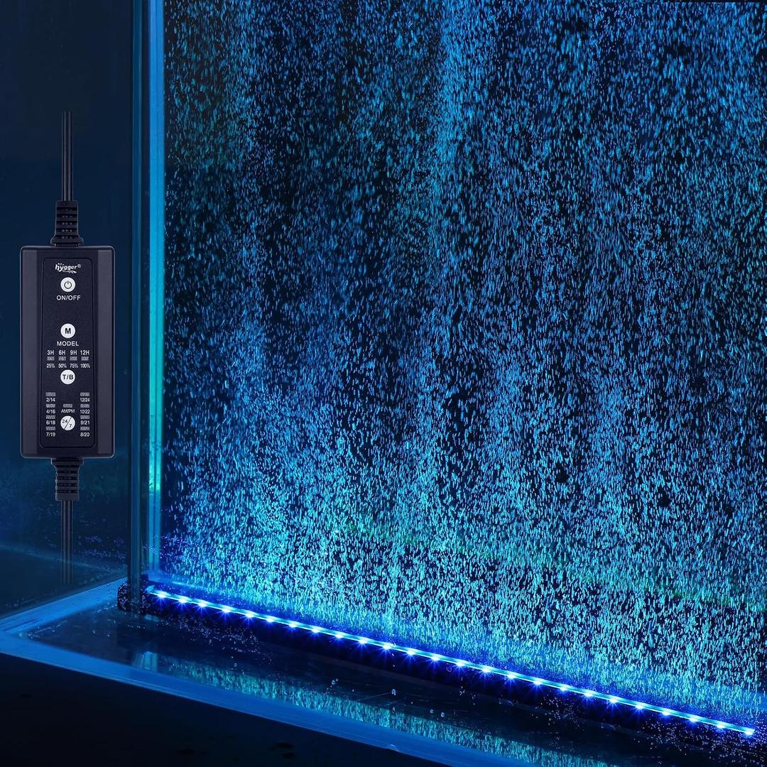 hygger Aquarium Bubble Bar with 24/7 LED Light, Quiet Fine Air Stone with Hose Check Valve, Adjustable Time Brightness Color Submersible Fish Tank Light, Air Diffuser Wall Decorations