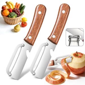 2 x 3-in-1 Stainless Steel Vegetable Peeler & Julienne Cutter with Bottle Opener - Multifunctional Kitchen Gadget for Fruits, Veggies, Camping & Daily Home Cooking(2-Pack) reddish