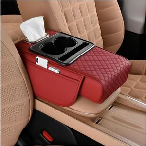 Zpana Car Center Console Armrest Pillow, Memory Foam Leather 4 in 1 Vehicle Arm Rest Cover with Tissue Box 2 Side Storage Bag Cup & Phone Holder, Auto Armrest Cushion, Universal Fit (Wine Red)
