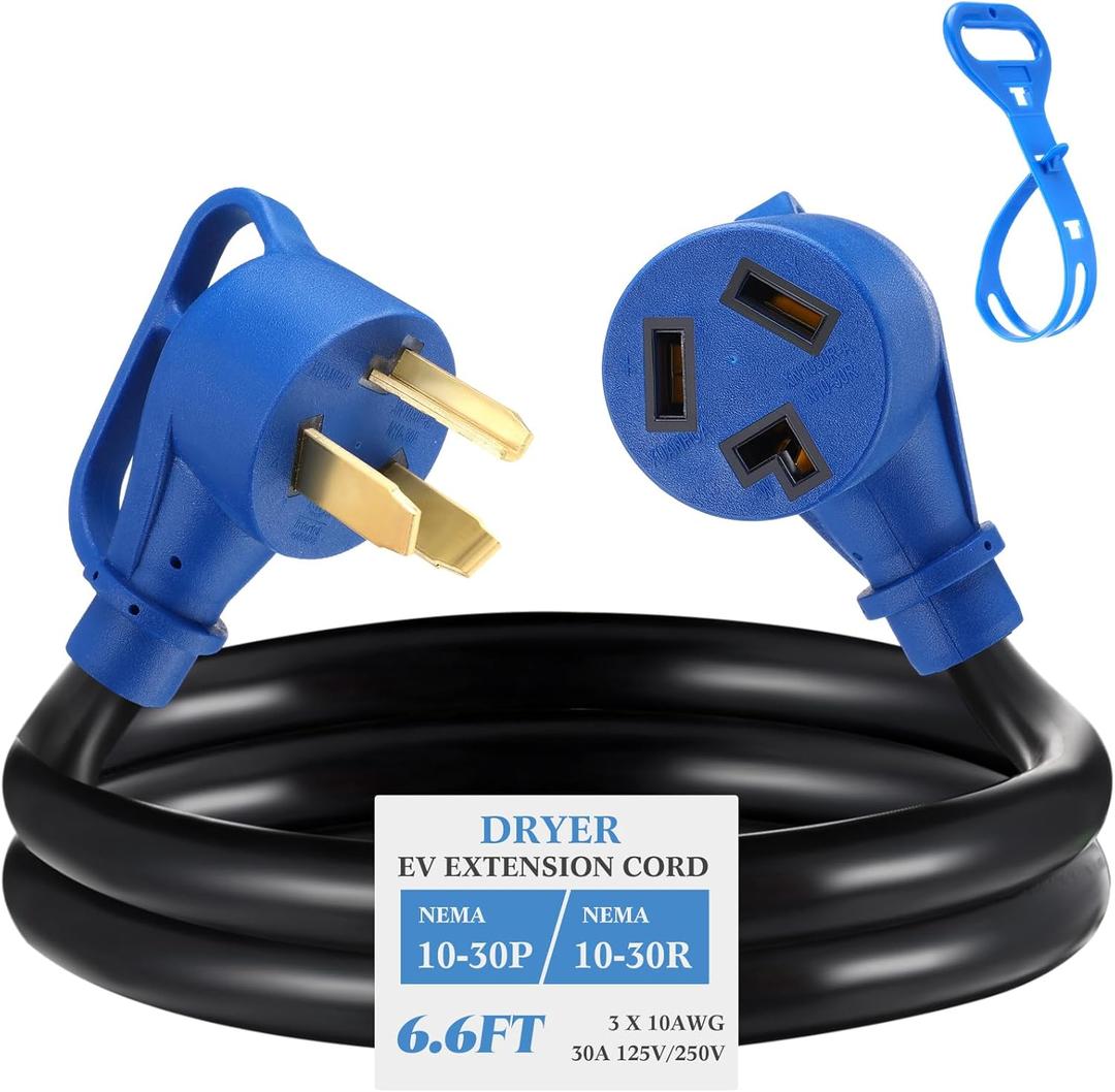 Kanayu 3 Prong Dryer/EV Extension Cord 6.6 FT, 30 Amp Compatible with NEMA 10-30P to 10-30R, for Level 2 EV Charging and 3 Prong Dryer, Flexible STW 10 Gauge Cord with Grip Handle, ETL Listed (Blue)