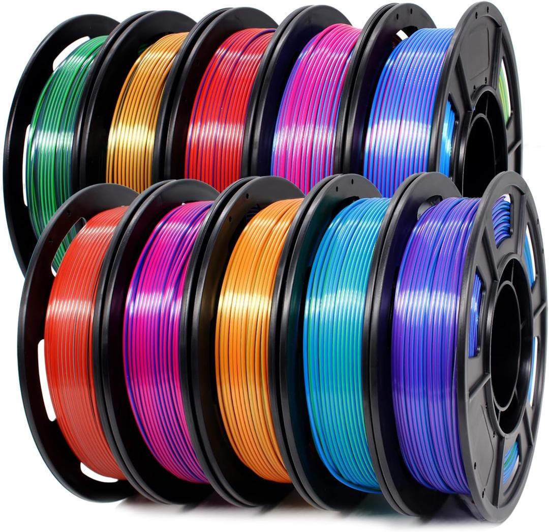 3D Printer Filament Bundle,1.75MM Silk PLA Filament Multicolor 250g*10 Rolls,Bulk Filament fits for Most FDM 3D Printers.