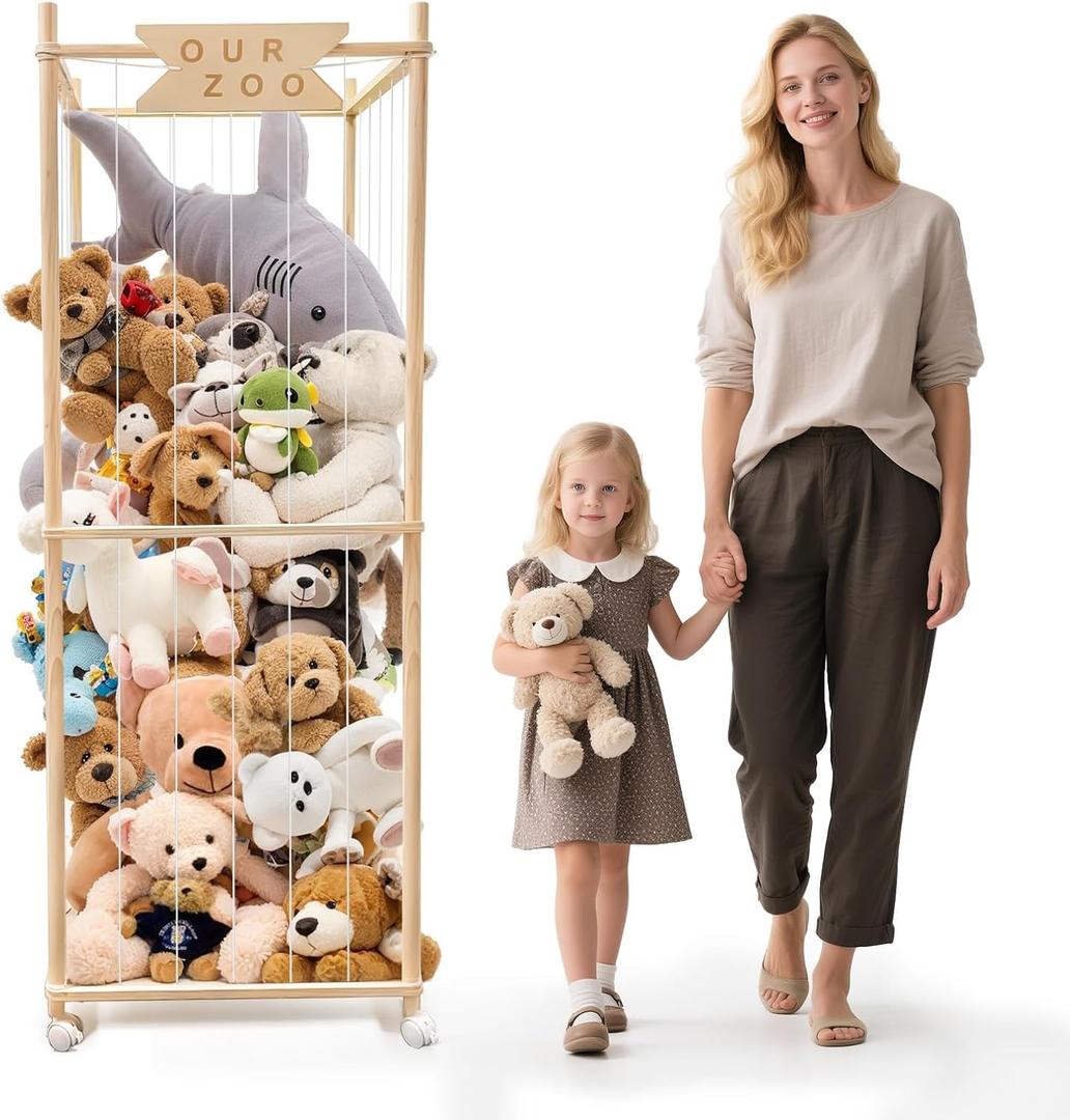 Stuffed Animal Storage Zoo with Wheels, Wooden Large Stuff Animals Plushies Holder, 22.5" D x 22.5" W x 64" H Toy Organizer Storage Cage with Elastic Band and Net for Nursery Playroom Bedroom