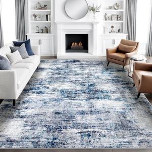 9x12 Area Rugs for Living Room: Large Washable Rug Neutral Abstract Non-Slip Low Pile Carpet for Bedroom Living Room Kitchen Office (Blue, 9'x12')