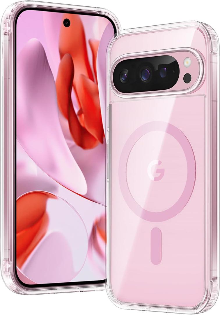 FNTCASE for Google Pixel 9 Case: Pixel 9 Pro Magnetic Non-Yellowing Clear Slim Case | Anti-Drop Shockproof Scratch Protective Thin Transparent Crystal Cell Phone Cover(Clear-Pink)