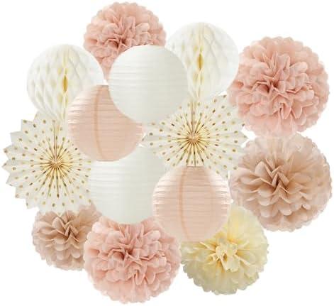 Champagne-Gold Beige-Peach Boho Party-Decorations Streamers - 14pcs Fall Neutral Baby Shower Rustic Bohemian Wedding Paper Honeycomb Lanterns Fan,Birthday Bachelorette Bridal Decor Lasting Surprise