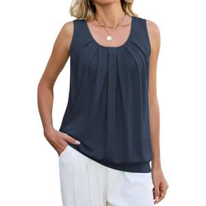 Famulily Womens Summer Flowy Pleated Tank Tops Scoop Neck Sleeveless Banded Bottom Casual Loose Fit Shirts (XX-Large, Navy)