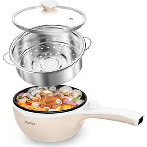 Dezin Hot Pot Electric with Steamer Upgraded, Non-Stick Saut Pan, Rapid Noodles Electric Pot, 1.5L Mini Pot for Steak, Egg, Fried Rice, Ramen, Oatmeal, Soup with Power Adjustment (Beige 2)