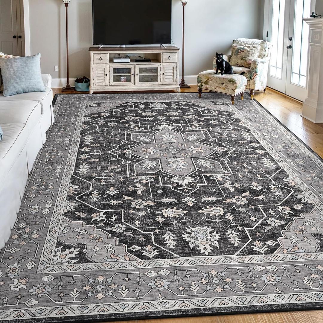 FlyDOIT Vintage Area Rugs for Living Room, 8x10 Grey Floral Medallion Washable Rug for Bedroom, Faux Wool Ultra Soft Retro Accent Rug, Non Slip Indoor Carpet for Kitchen Office Dining Room Decor