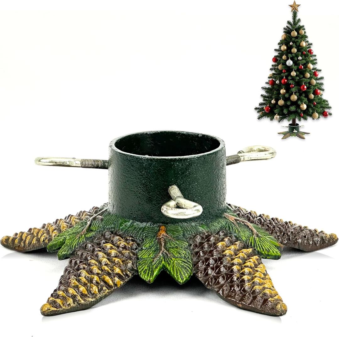 Heavy Duty Cast Iron Christmas Tree Stand, Large Vintage Metal Base for Real/Artificial Trees, Holds Up to 4ft Mini Trees with 1.77" Max Trunks, Pinecone-Designed Tree Holder for Holiday Village Display