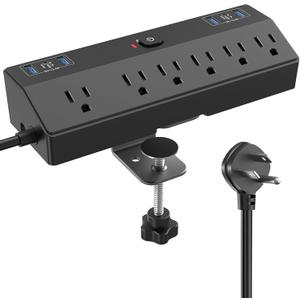 Desk Clamp Power Strip with 40W Fast Charging Station, JXGUCAT Removable Desk Clamp Mount Power Strip Surge Protector, 2 USB-C Ports, 6 AC Outlets and 10ft Cord, Fits 1.8" Tabletop Edge (Black)