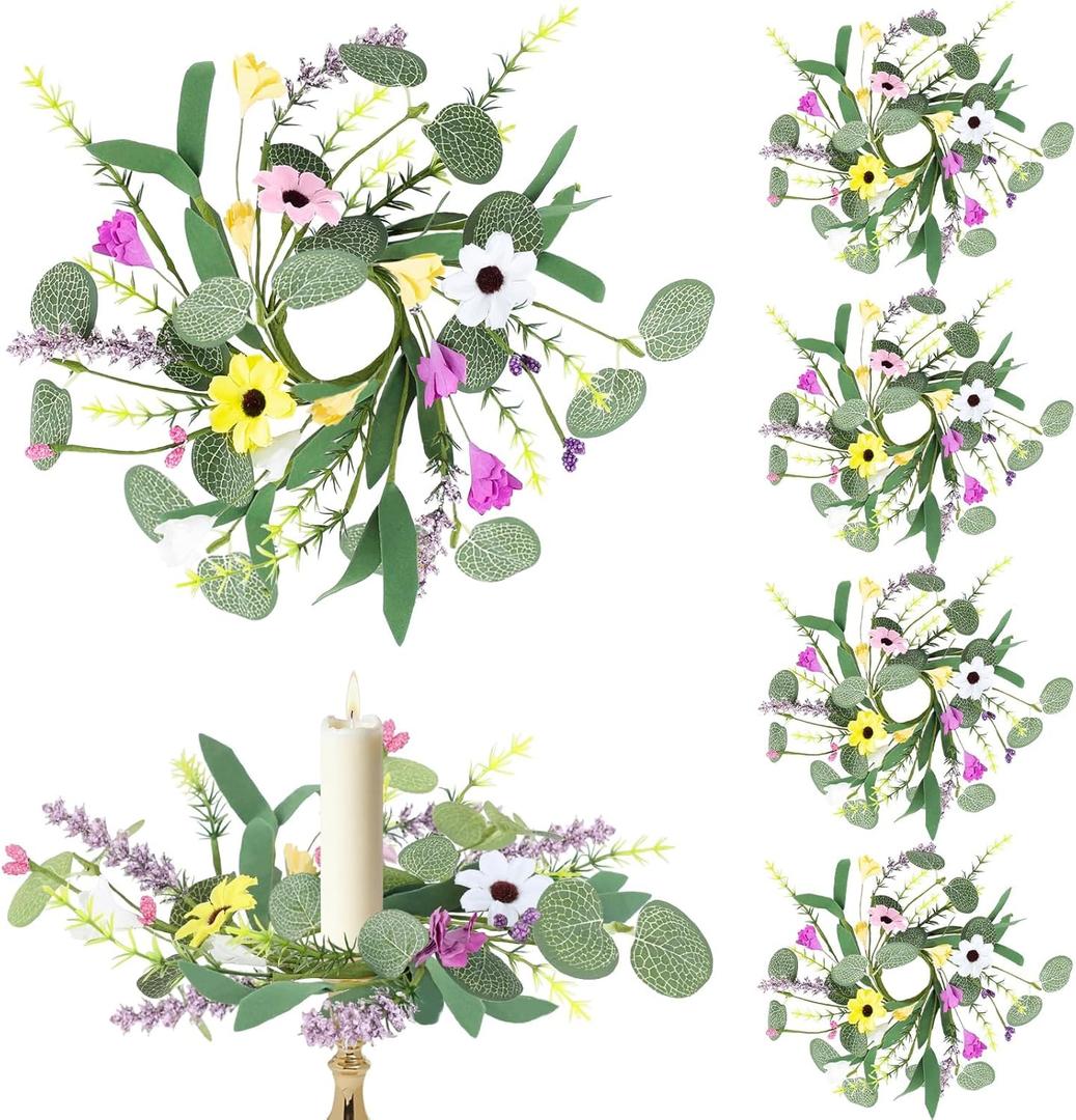 6 PCS Spring Flowers Taper Candle Rings Wreaths 1.38" Mini Spring Summer Floral Taper Candle Holder Wreaths Colorful Artificial Wildflowers Table Centerpieces Wreath for Church Home Wedding Decor