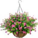 Artificial Hanging Flowers Basket, 12 UV-Resistant Bundles of Realistic Fake Flowers, Faux Plants for Outdoor Decor, Home, Garden, Porch, Patio, Spring & Summer Decorations, Pink