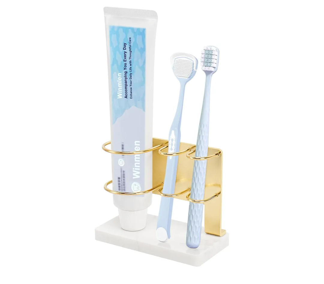 Toothbrush Holder for Bathroom Counter, Metal Toothbrush and Toothpaste Holder Stand with Marble Base for Bath Organizer Countertop, 3 Slots (Gold)