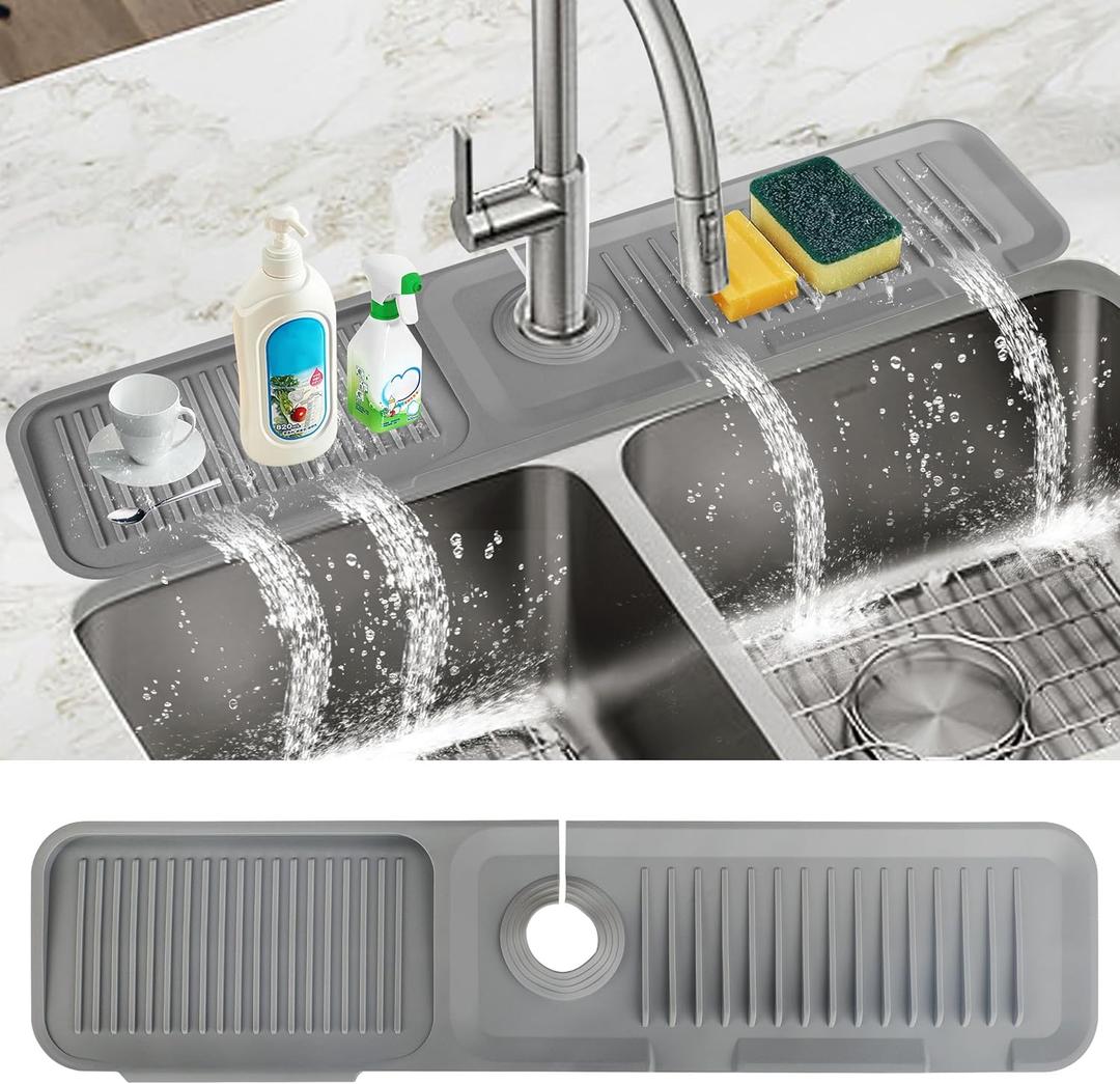 24 inch Silicone Kitchen Sink Splash Guard, 5 Slope Splash Guard for Kitchen Sink Area, Faucet Draining Mat for Kitchen Sink, Gray