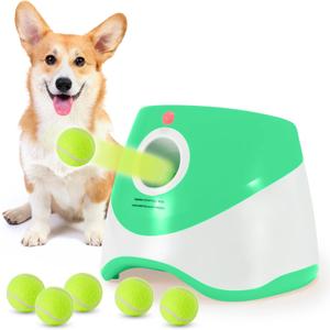 SOCO Dog Ball Launcher Automatic,10-30 FT Distance, USB Rechargeable Ball Thrower, LED Indicator Dog Toy, Included 6 Mini Tennis Balls (2") for Small Dogs