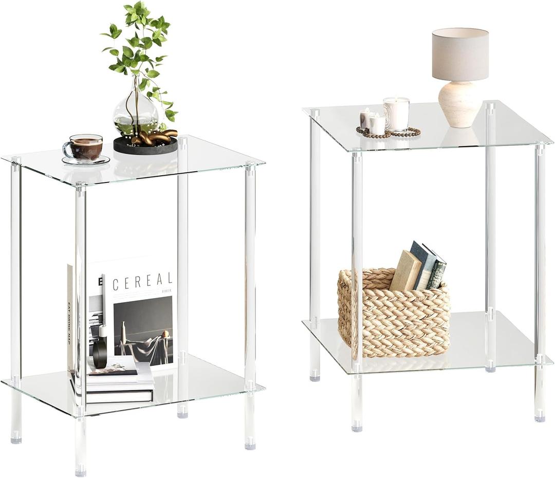 Tempered Glass Side Tables Set of 2 Acrylic End Table with 2 Storage Shelve transparent Bedside simplicity clear 2-Tier Nightstands small Spaces Office Bedroom Living Room Study Transparent ET-008TR