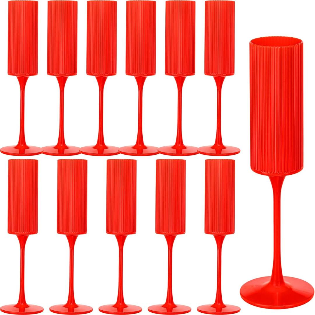 12 Pack Champagne Flutes, 6 OZ Plastic Wine Glasses - Reusable, Elegant for Wedding Reception, Birthday, Toasting, Parties - Vintage Mimosa Stemware with Long Stem, Party Bar Supplies,Vibrant Red