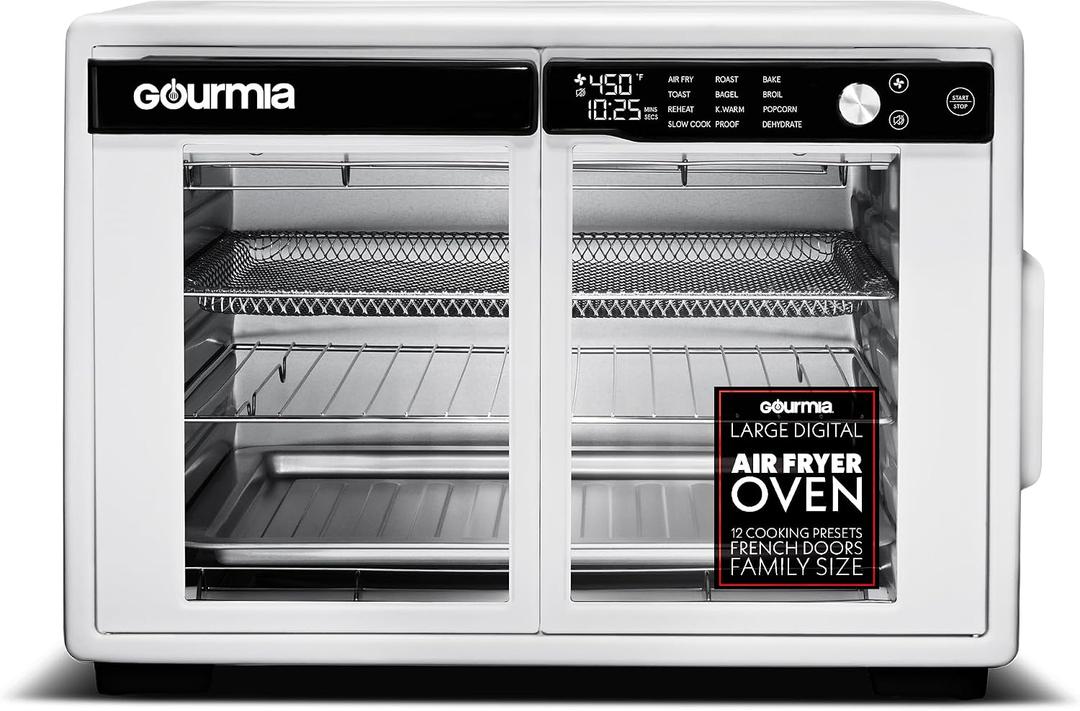 Gourmia French Door Air Fryer Oven - 37 Qt Large Capacity Convection Toaster Oven, FryForce 360, Digital Display, 12 Cooking Presets, Dehydrate, Fits 13 Pizza, Dishwasher-Safe, White