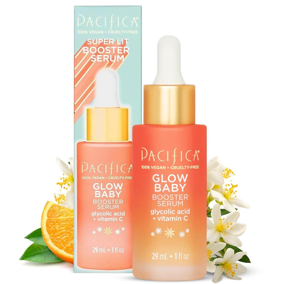 Pacifica Vitamin C Serum for Face  Glow Baby Brightening Facial Serum with Glycolic Acid  Vitamin C Booster Skin Care, Dark Spot Corrector, Vegan Skincare for Glowing Skin, Dermatologist Tested