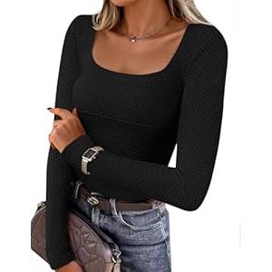 ZESICA Women's Long Sleeve Shirts 2026 Spring Fashion Square Neck Slim Fit Basic Going Out Tops Trendy Outfits L