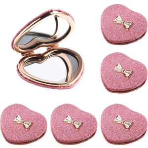 6 Pack Sparkly Pokect Heart Mirror Travel Compact Magnifying Folding Mirror for Purse Mini Vanity Cosmetic Lashes Makeup Double-Sided Cute Glitter Pink (Heart Glitter Pink with Bow)