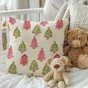 Christmas Tree Pillow Covers 18x18 Inches, Preppy Pink and Green Xmas Pine Tree Decorative Pillowcase Cases, Winter Christmas Throw Pillow Covers for Couch Sofa Bed Home Room Decor