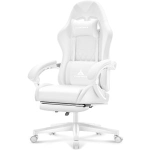White Gaming Chair,Ergonomic Massage Computer Office Desk Chair with Footrest,Pocket Spring Cushion,Reclining Leather Adjustable Gamer Chair with Headrest and Lumbar Support,White, 50 Inches X 26.4 Inches X 26.4 Inches