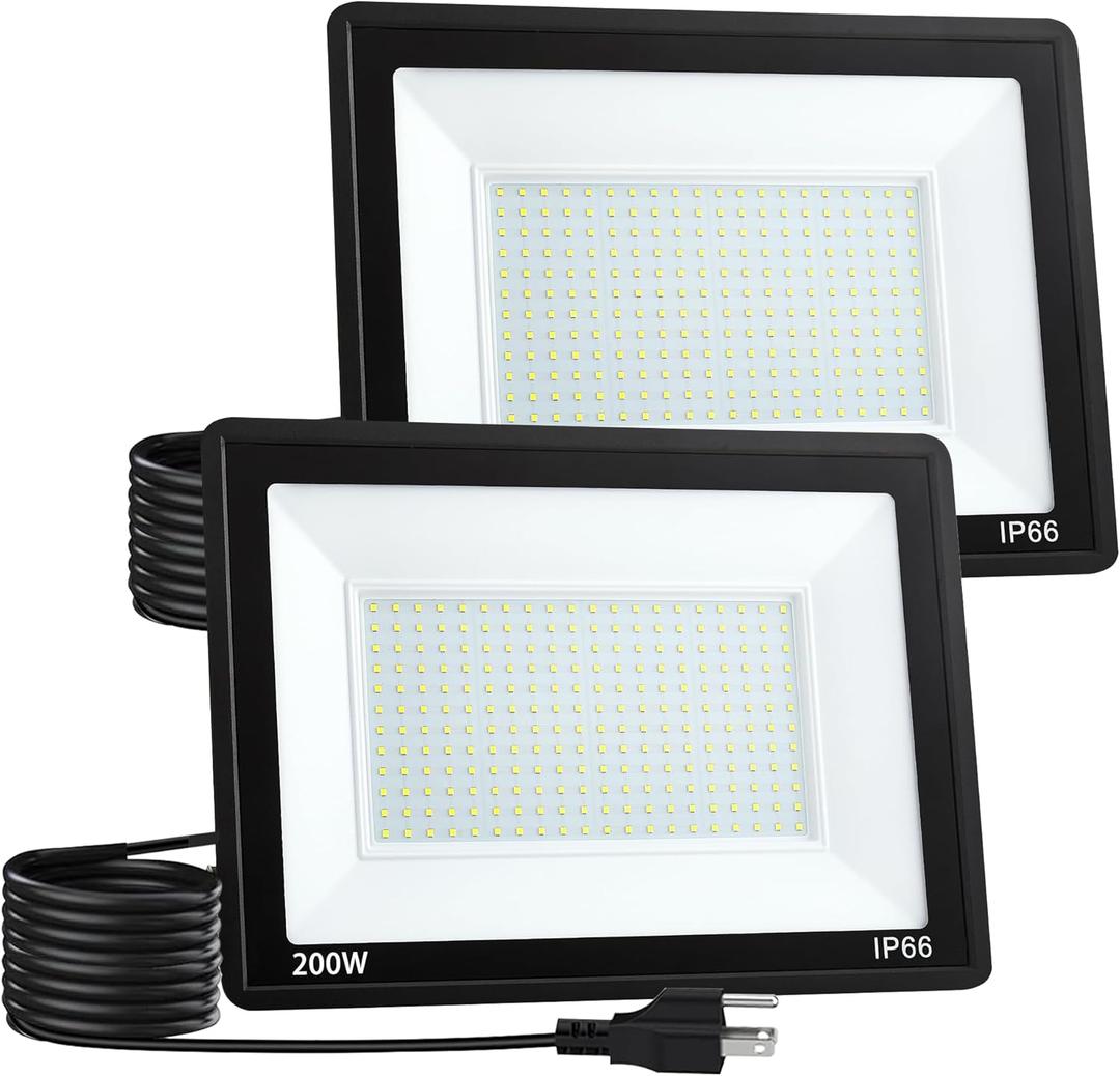 200W LED Flood Light Outdoor, LED Work Light,Floodlight Fixture with Plug in IP66 Waterproof, 6500K 2Pack Security Light for Yard Garden Stadium Garage Playground